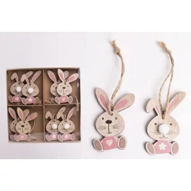 *51490 HÚSVÉTI dekor fa ülő nyuszi rózsaszín ruhás, akasztható