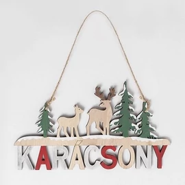 KAR. AJTÓDÍSZ fa fenyők, rénszarvasok, Karácsony felirattal 23 cm.
