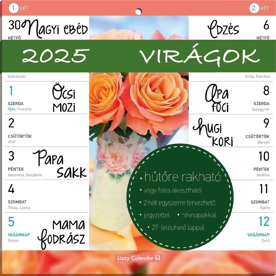 *39119 FALINAPTÁR 2025 tervező LIZZY Virágok kétheti mágneses
