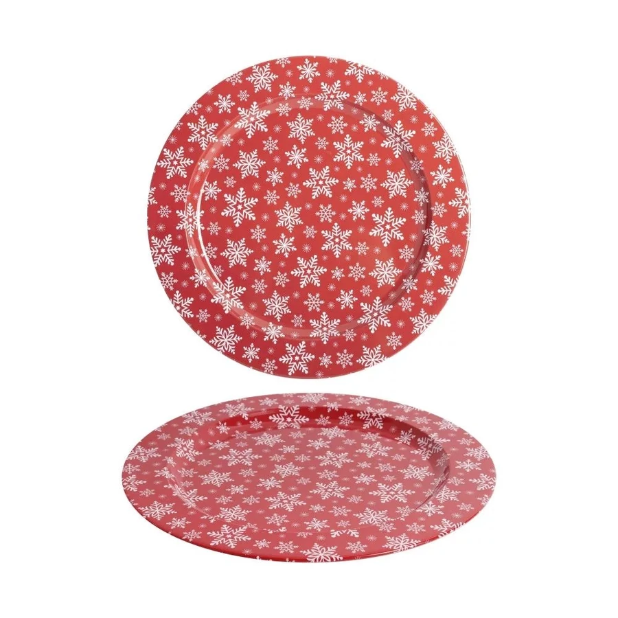 *39319 KARÁCSONYI tálca bádog hópihés piros d25cm