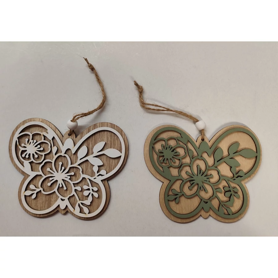 *44814 DEKOR fa áttört lepke natúr-rózsaszín/fehér/zöld akasztós 12cm
