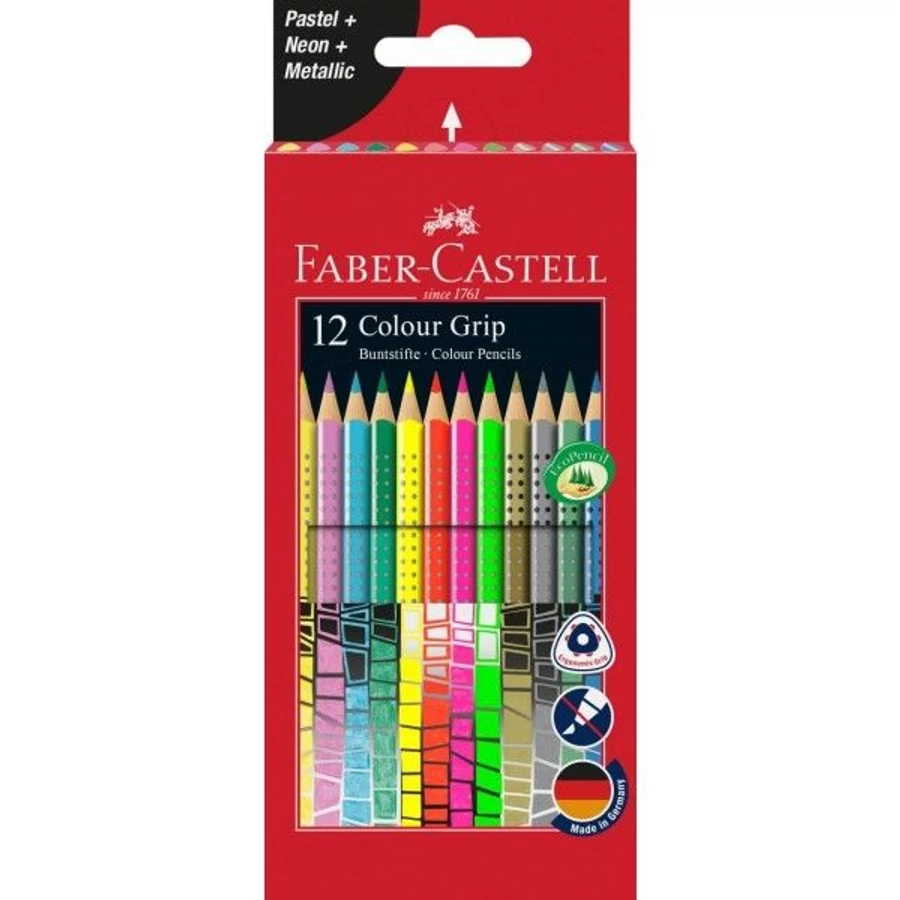 *47980 SZÍNES CERUZA 12 FABER Castell Grip GUMIS pasztell,neon,metál szín201569