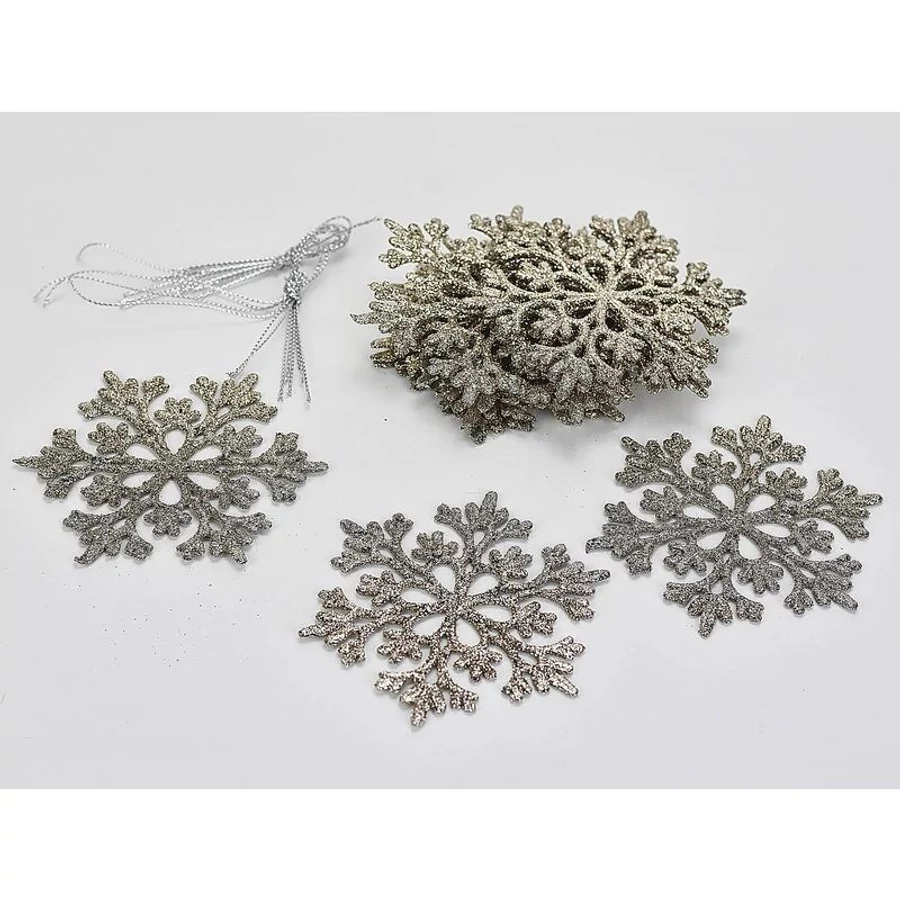 *48473 KAR DEKOR akasztós csillámos hópihe dísz fehér vagy pezsgő színben d10cm