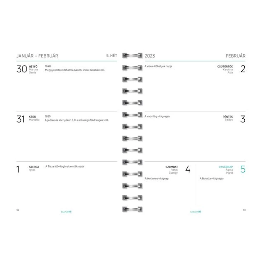 *50714 HATÁRIDŐNAPLÓ 2023 B6 heti Lizzy Xlook spirálozott gumis