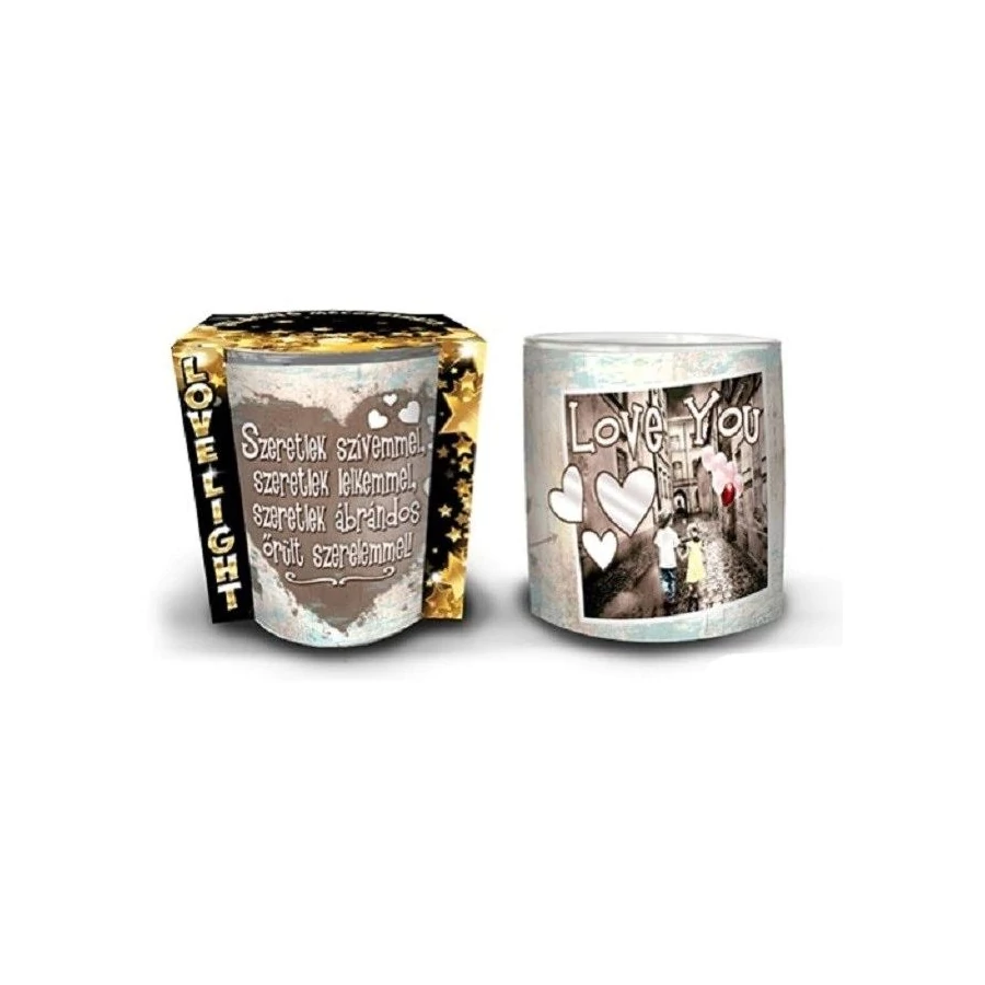 *51339 MÉCSESTARTÓ pohár szerelmes idézettel, teamécsessel 7*8,5cm