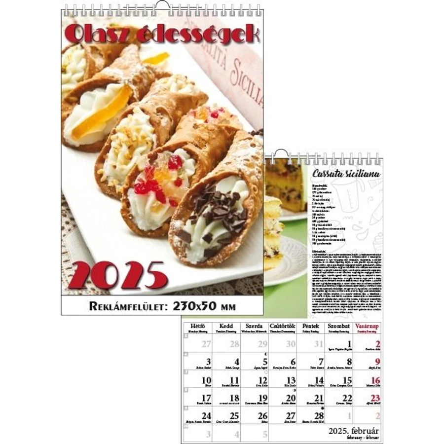 *52730 FALINAPTÁR 2025 recept Olasz édességek T-Calendar  23*33cm spirálozott