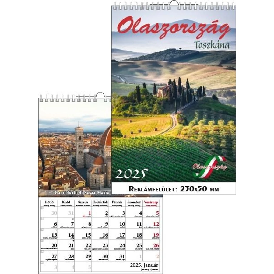 *54549 FALINAPTÁR 2025 Olaszország Toszkána T-Calendar  23*33cm spirálozott
