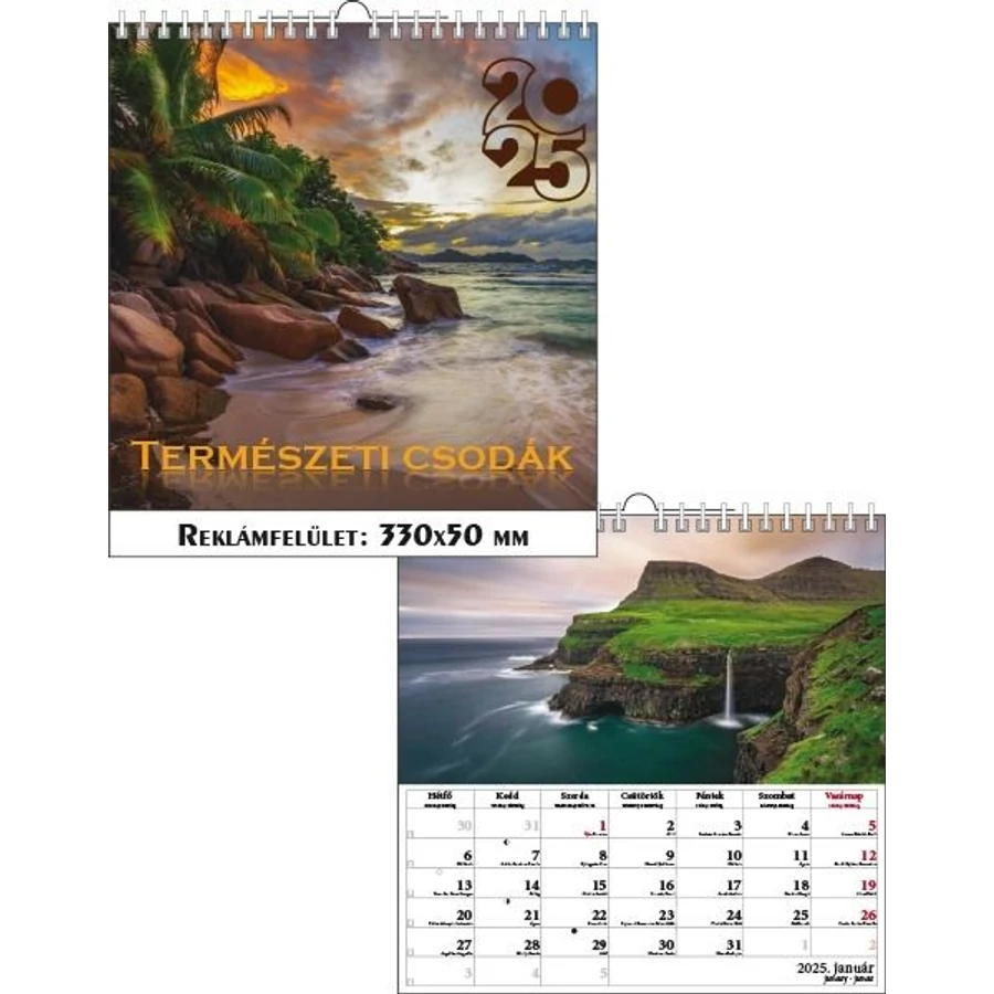 *54552 FALINAPTÁR 2025 Természeti csodák T-Calendar 33*33cm spirálozott