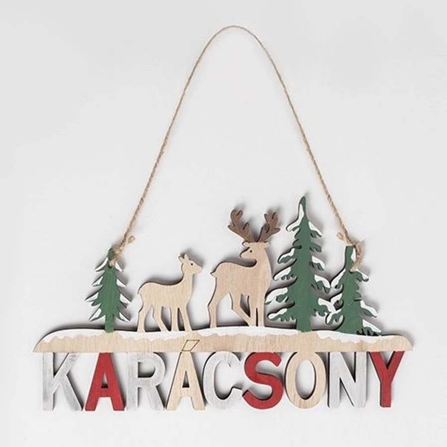 KAR. AJTÓDÍSZ fa fenyők, rénszarvasok, Karácsony felirattal 23 cm.