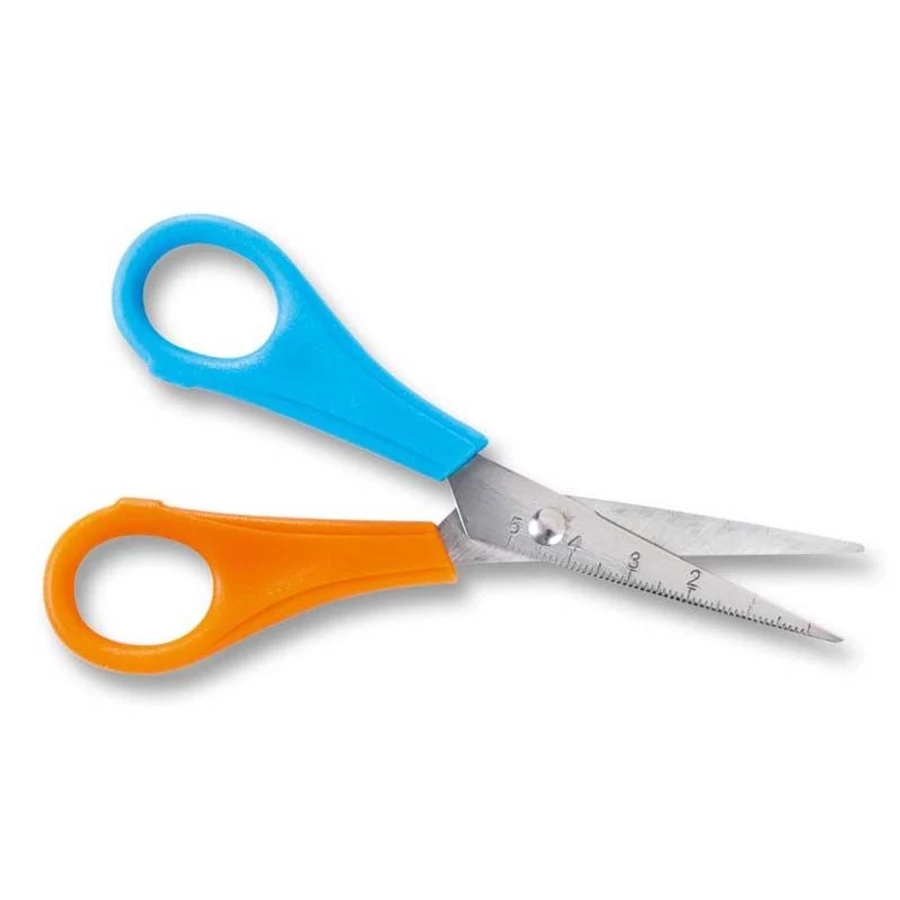 *55771 OLLÓ iskolai 13,5cm BALKEZES Folia hegyes végű v.kék/narancs 7799