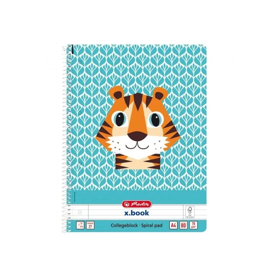 FÜZET spirál A4 HERLITZ vonalas 80l lyukasztott Cute Animals (Tigris, 50039234)