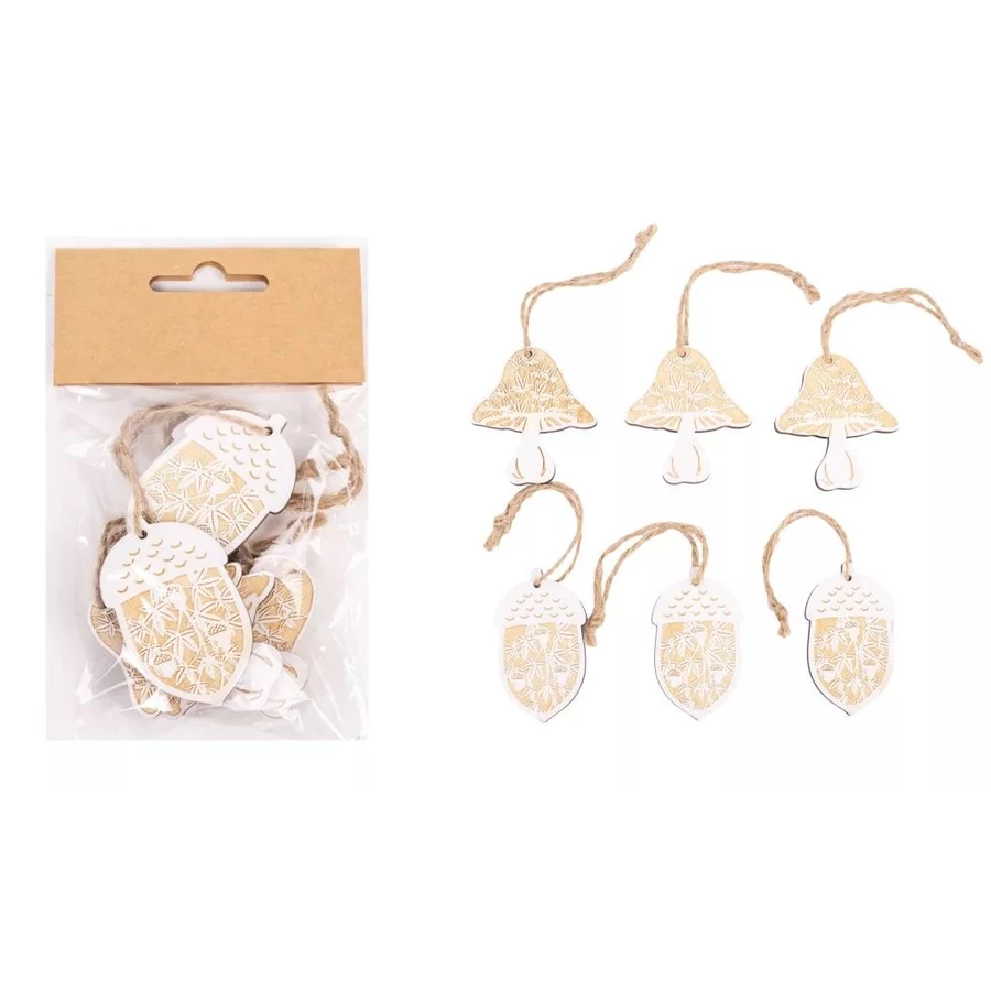 *56466 DEKOR fa öszi díszek levél, gomba, makk natúr/fehér