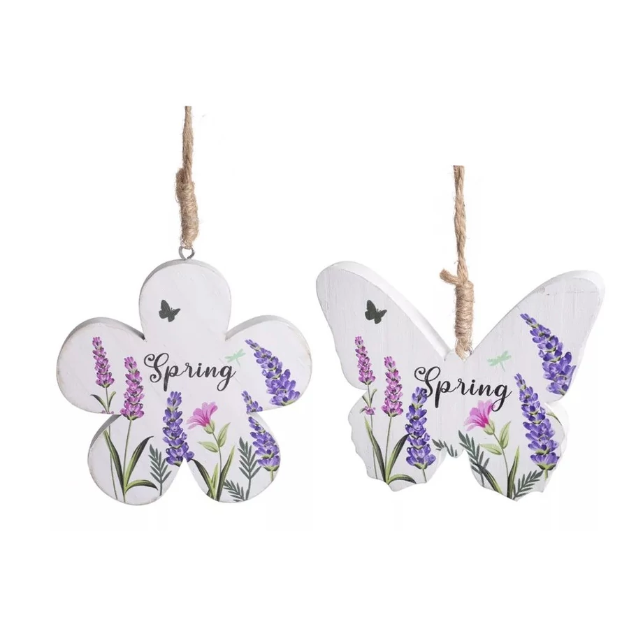 *56469 DEKOR fa tavaszi, virág, lepke levendula mintával, akasztható