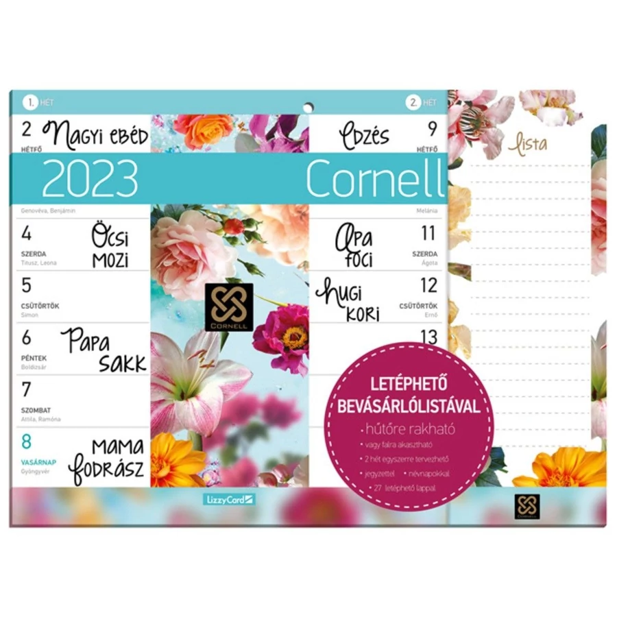 *56492 FALINAPTÁR 2023 tervező LIZZY Cornell kétheti mágneses jegyzettömbbel