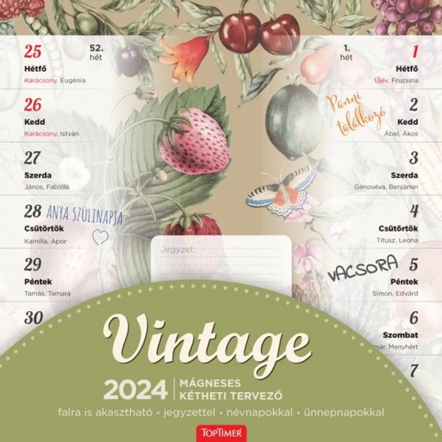 *56632 FALINAPTÁR 2024 Családi tervező Vintage TopTimer kétheti mágneses