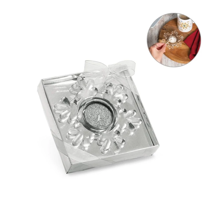 KARÁCSONYI glitteres ezüst teamécses STR üveg tartóban, díszdobozban ELAINE