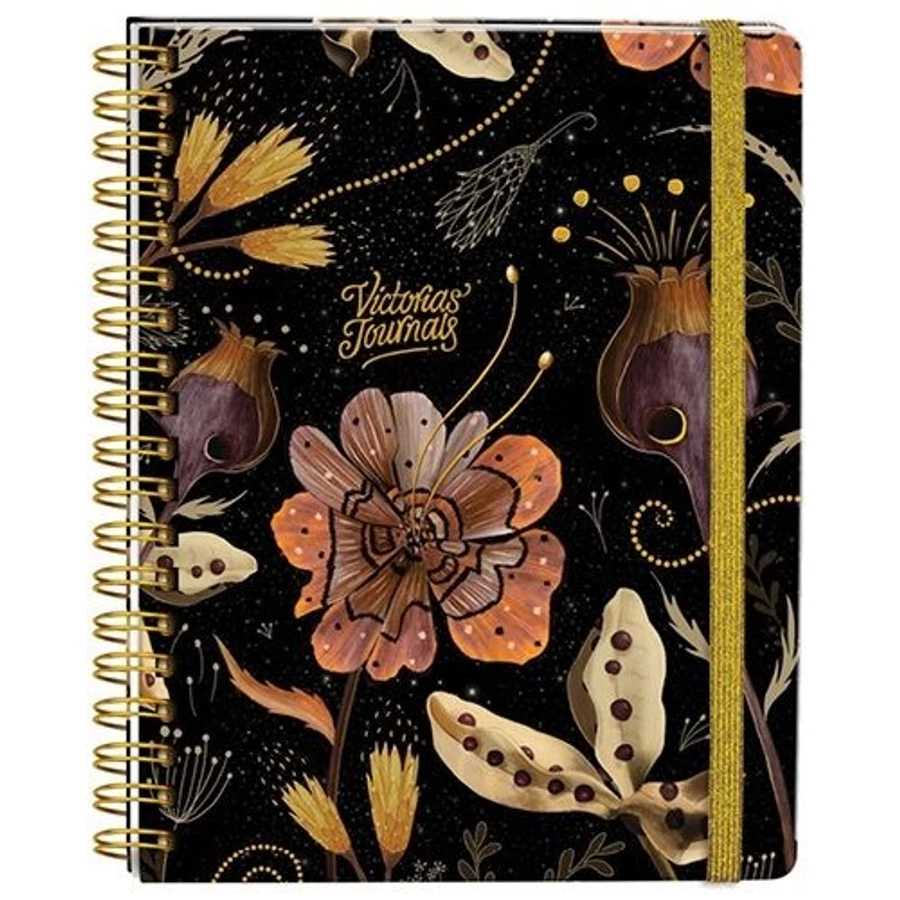 FÜZET SPIRÁL 17*24 cm Victoria's Journal pontozott, gumírozott (fekete botanikus, P1115-0087)