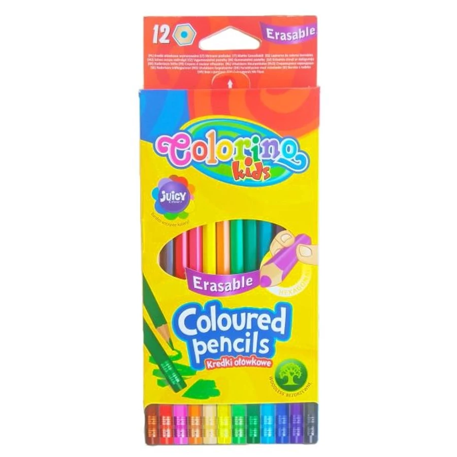 SZÍNES CERUZA 12 COLORINO azonos színű radírral, hatszögletű