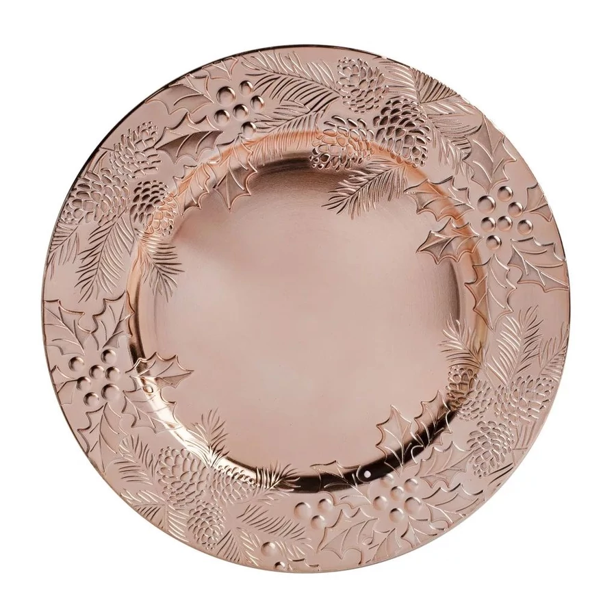 *60027 KARÁCSONYI TÁLCA müa. kerek,ezüst hópihés, rose fagyöngyös 33cm