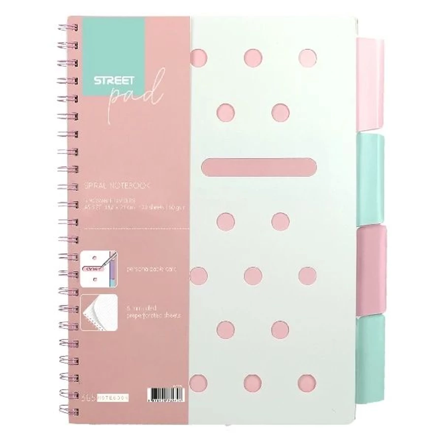 *60718 FÜZET spirál A5 STREET PAD  PP = 100l 4reg. pasztell