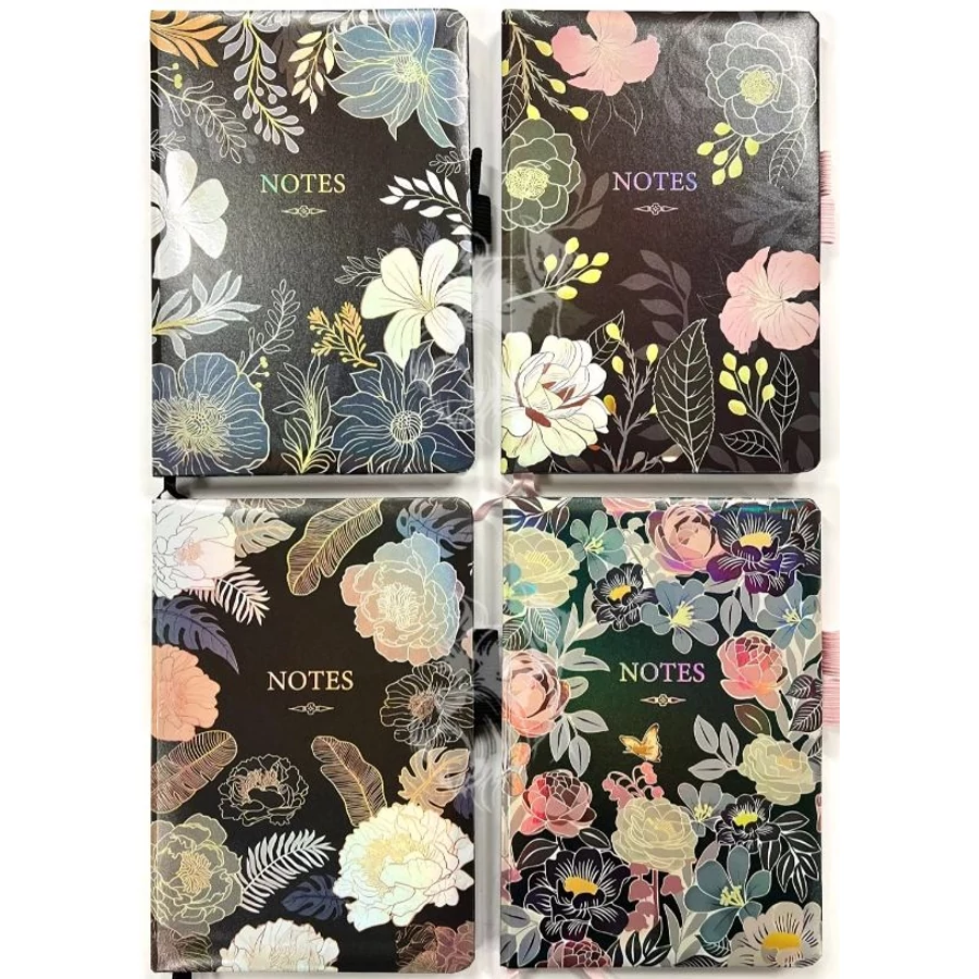 *61192 NAPLÓ A5 virágos, fekete alapon, élnyomott, tolltartós 6600-32