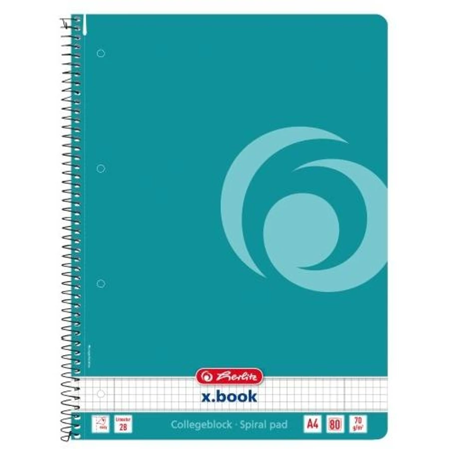 FÜZET spirál A4 HERLITZ kockás 80l  CB x.book színes (türkiz, 50015702)