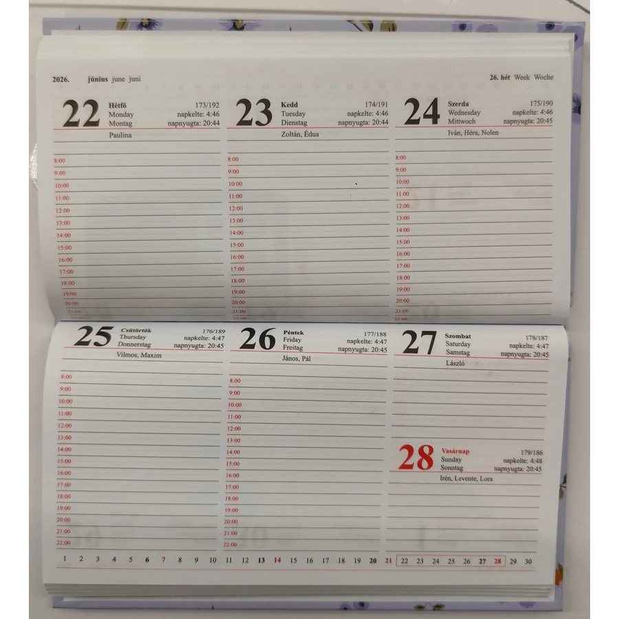 *54537 ZSEBNAPTÁR 2026 heti T-Calendar mintás fekvő