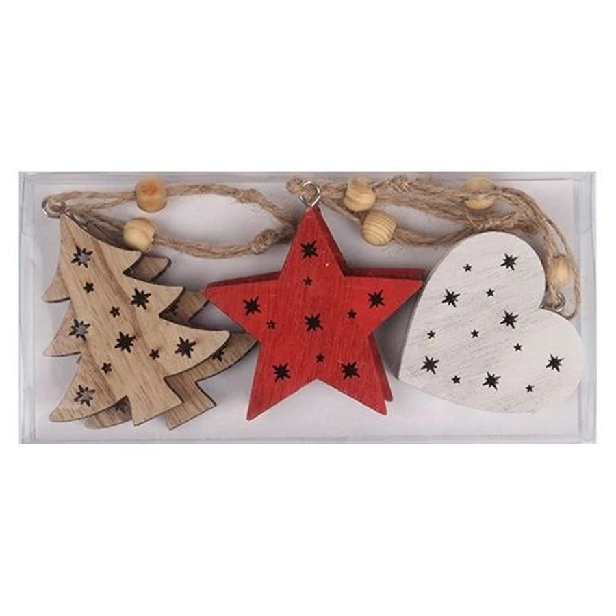 KAR.DEKOR fa akasztós fenyőfa,szív,csillag  7cm  456911