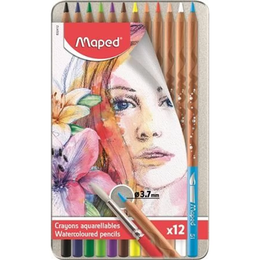SZINESCERUZA 12 MAPED "Artists" akvarell+ecset fém dobozban